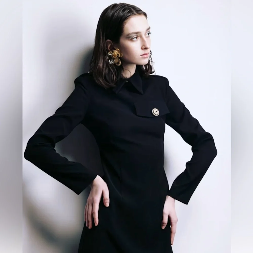 BNWT Fitted Long Sleeve Dress With Stand-Up Collar - Black - Picture 1 of 5